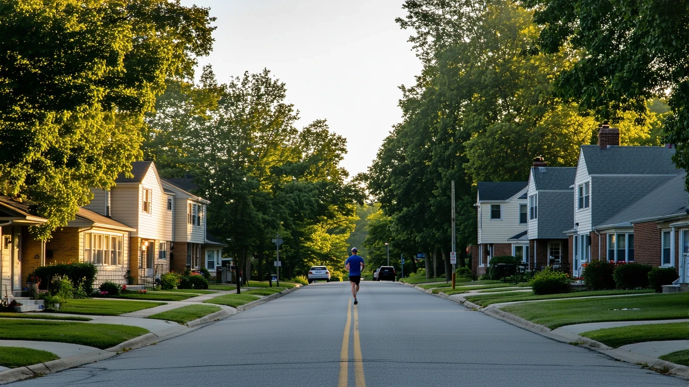A tree-lined residential street in Carmel, Indiana with one-story homes and a jogger in the distance, early on a summer morning.