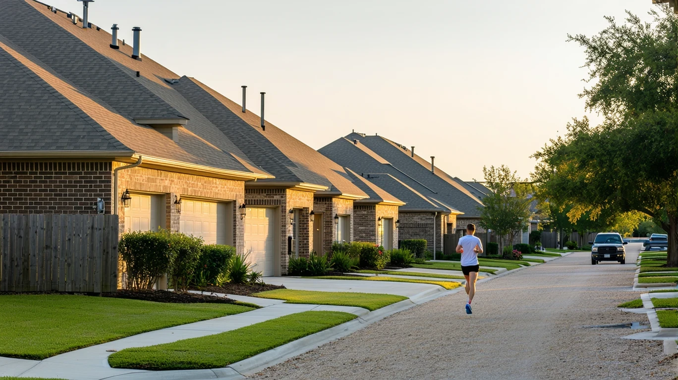 A peaceful residential street in Cedar Park, Texas at sunrise, with modest homes, leafy trees, and a jogger on the sidewalk.