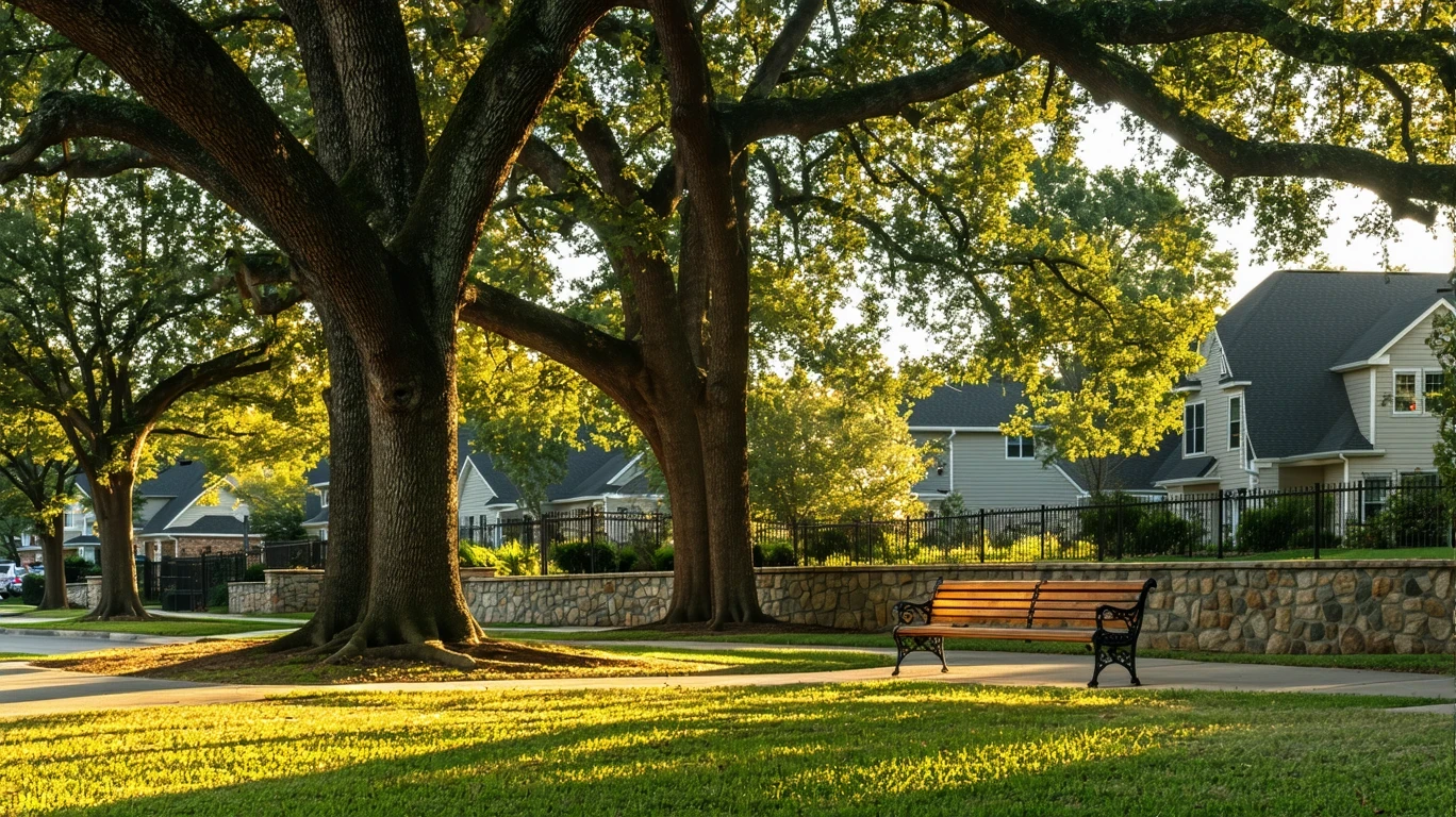 A suburban park with oak trees, empty benches, and golden hour light on the lawn, with homes visible in the background.