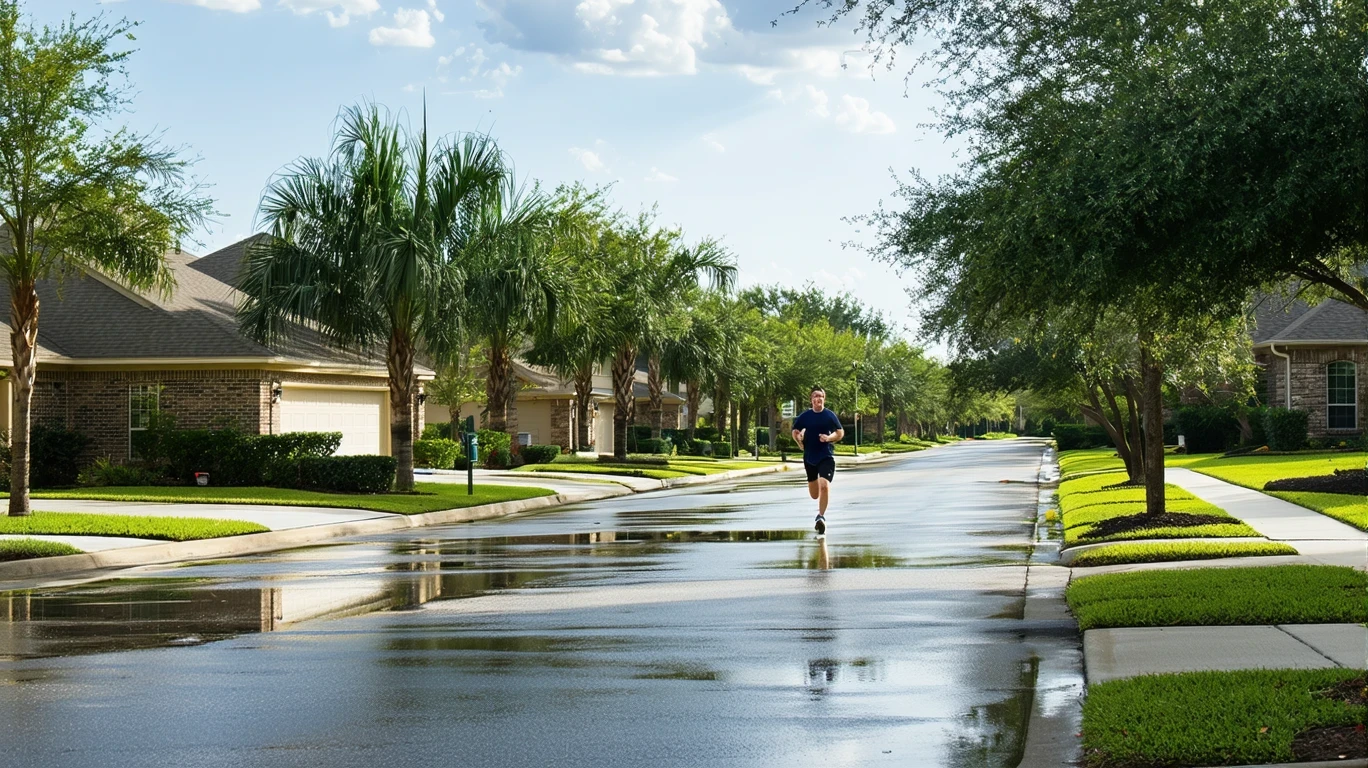 A suburban street in Cedar Park, Texas on a sunny day after a rain shower, with palm tree reflections in puddles and a jogger on the sidewalk.