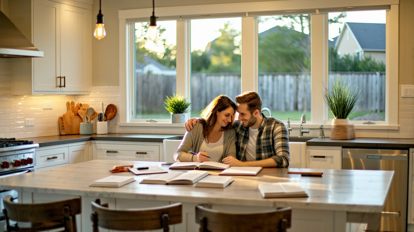 Couple budgeting at kitchen table in modern home, soft evening light through window