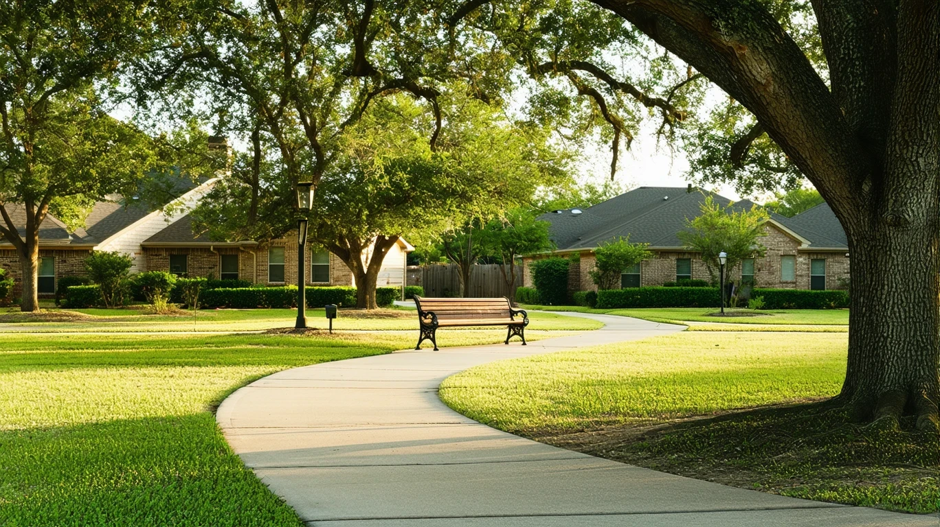 A sunny neighborhood park in Cedar Park, Texas with a walking path, bench, and nearby homes.