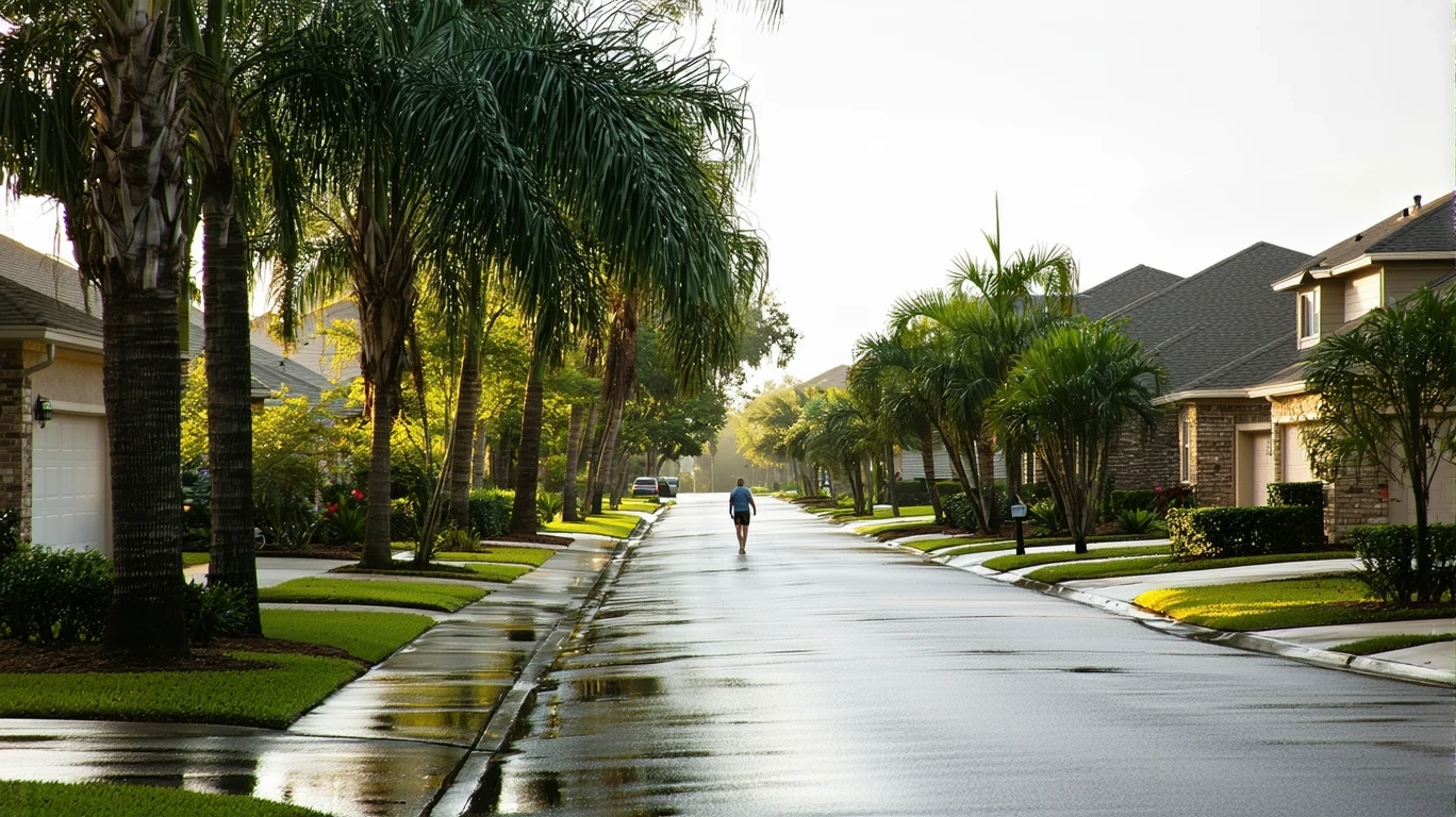 Tree-lined street in Cedar Park, Texas with wet asphalt and palm trees after rain.