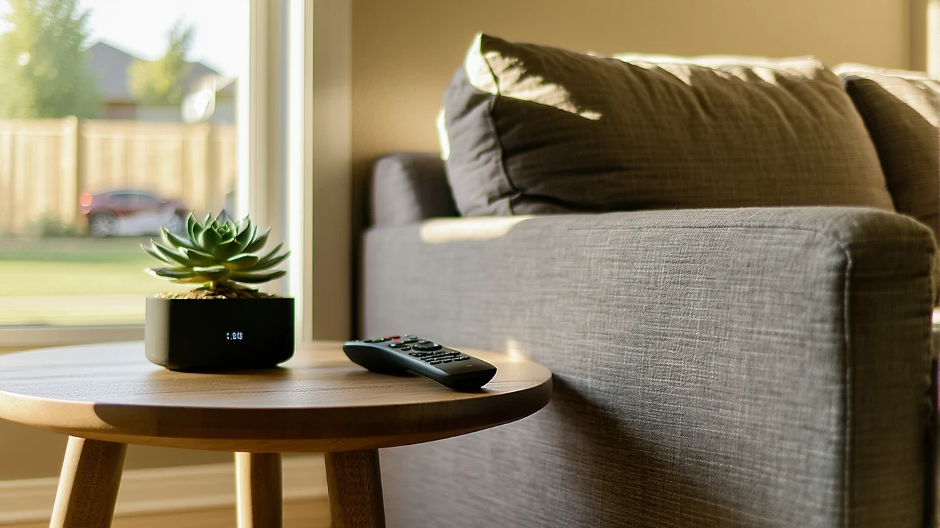 A living room side table with streaming remotes and a smart speaker, illuminated by natural light.