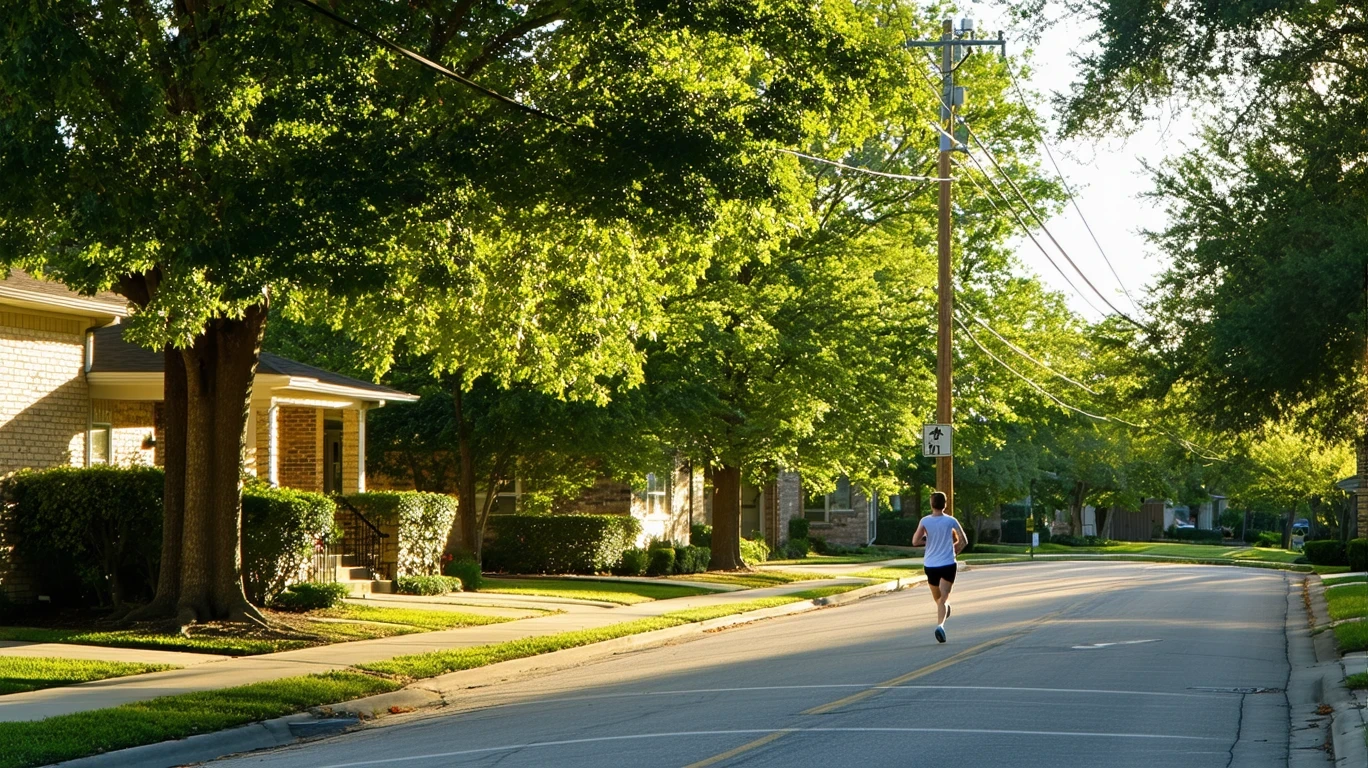 Suburban street in Cedar Park, Texas with maple trees, telephone wires, and a jogger on the sidewalk.