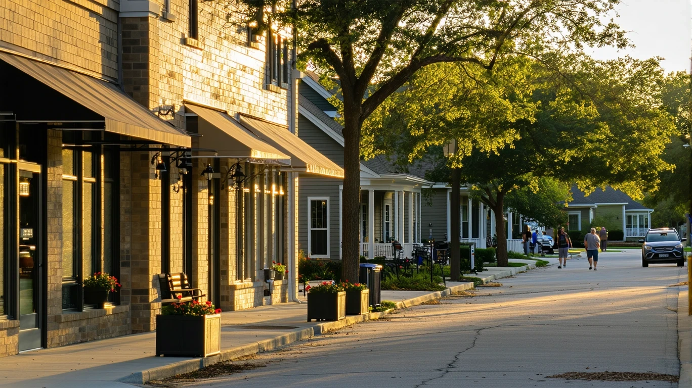 A tree-lined street in Cedar Park, TX with small local shops and neighborhood homes at dusk.