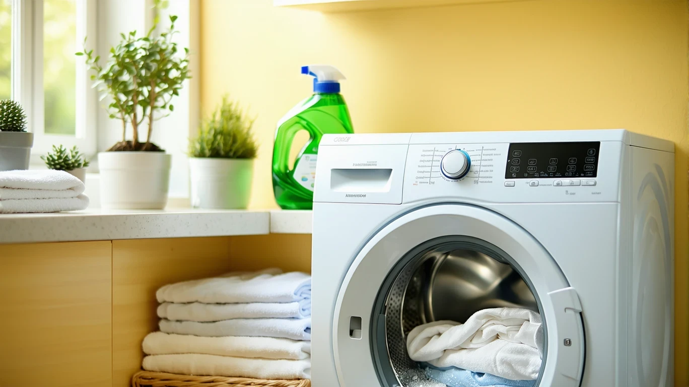 Top-loading washing machine mid-cycle in a sunlit laundry room with detergent and folded linens.