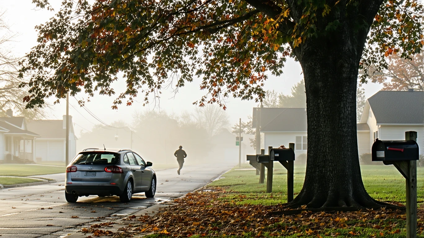 A foggy morning street in Cedar Park, Texas with houses, mailboxes, and a parked car under a maple tree.