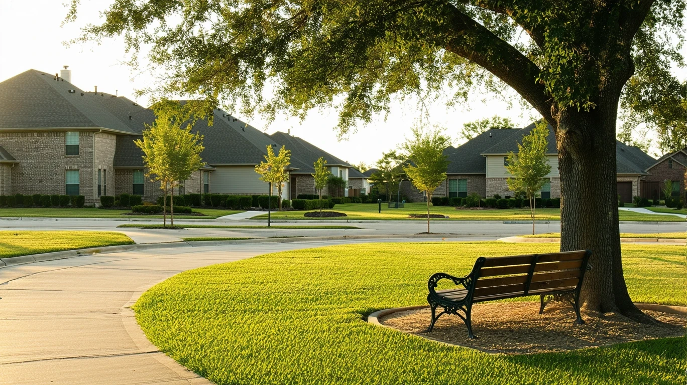 A view of a neighborhood park in Cibolo, Texas, with a path, bench, and homes visible across the street.