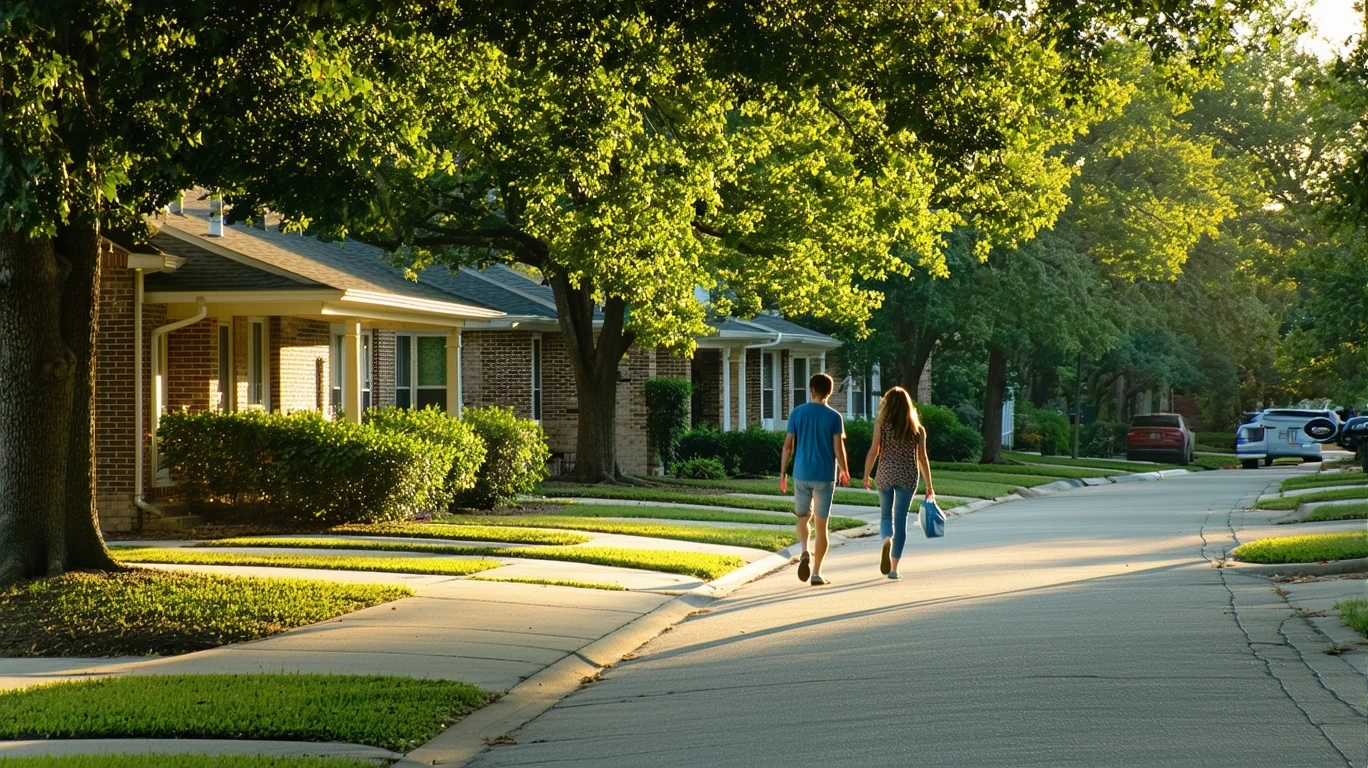 Sidewalk curving through a tree-lined Cibolo neighborhood with brick homes on a sunny day.