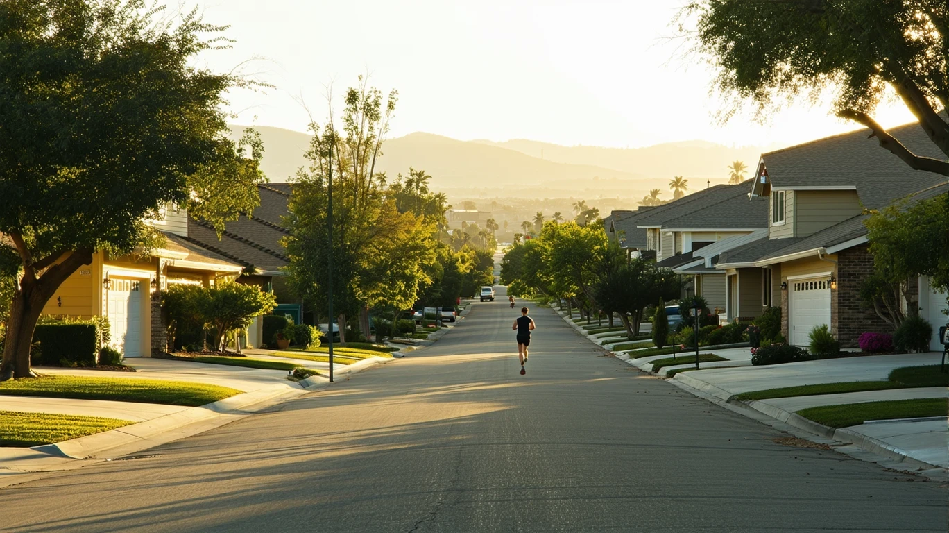 Quiet San Marcos neighborhood street in morning light with jogger and tree shadows.