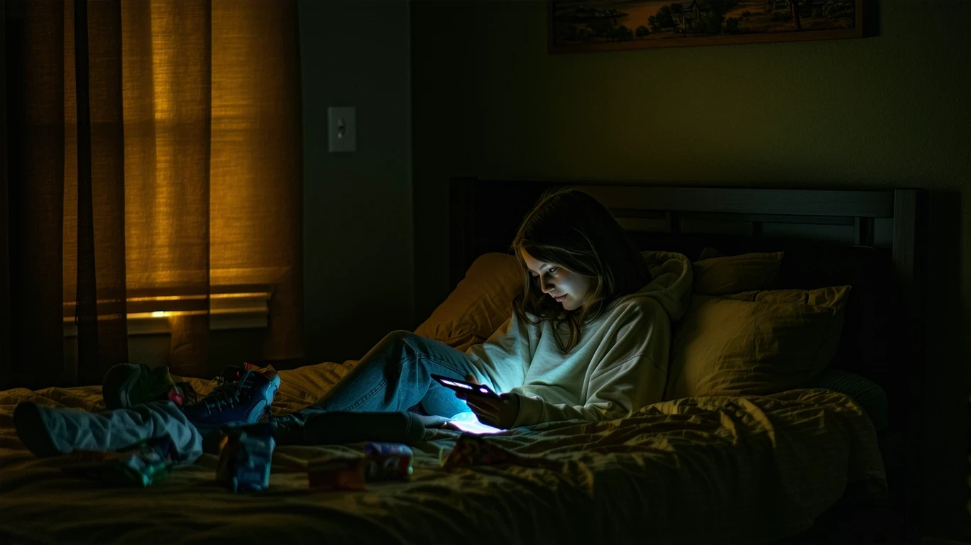 Teenage girl using tablet while curled up on bed with snacks in bedroom at night.