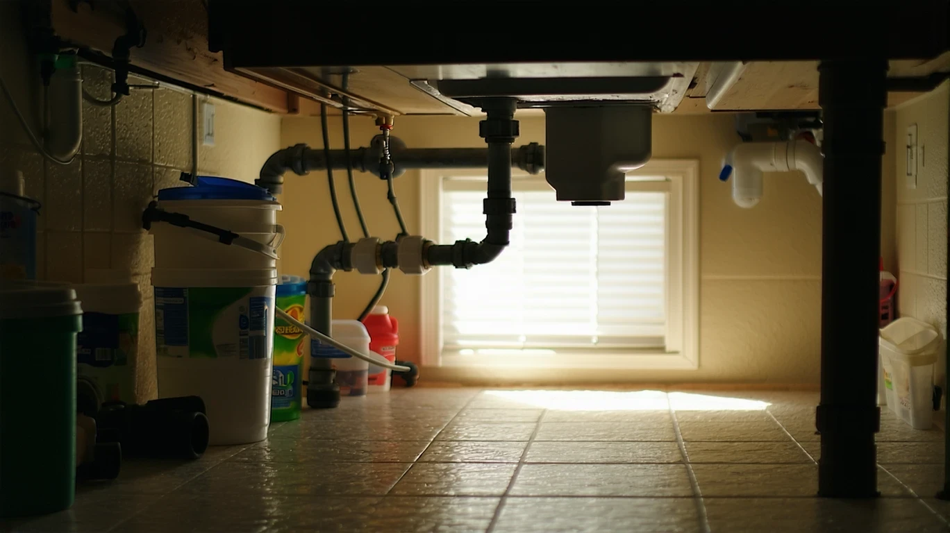 An under-sink cabinet showing a water meter, pipes, and cleaning supplies.