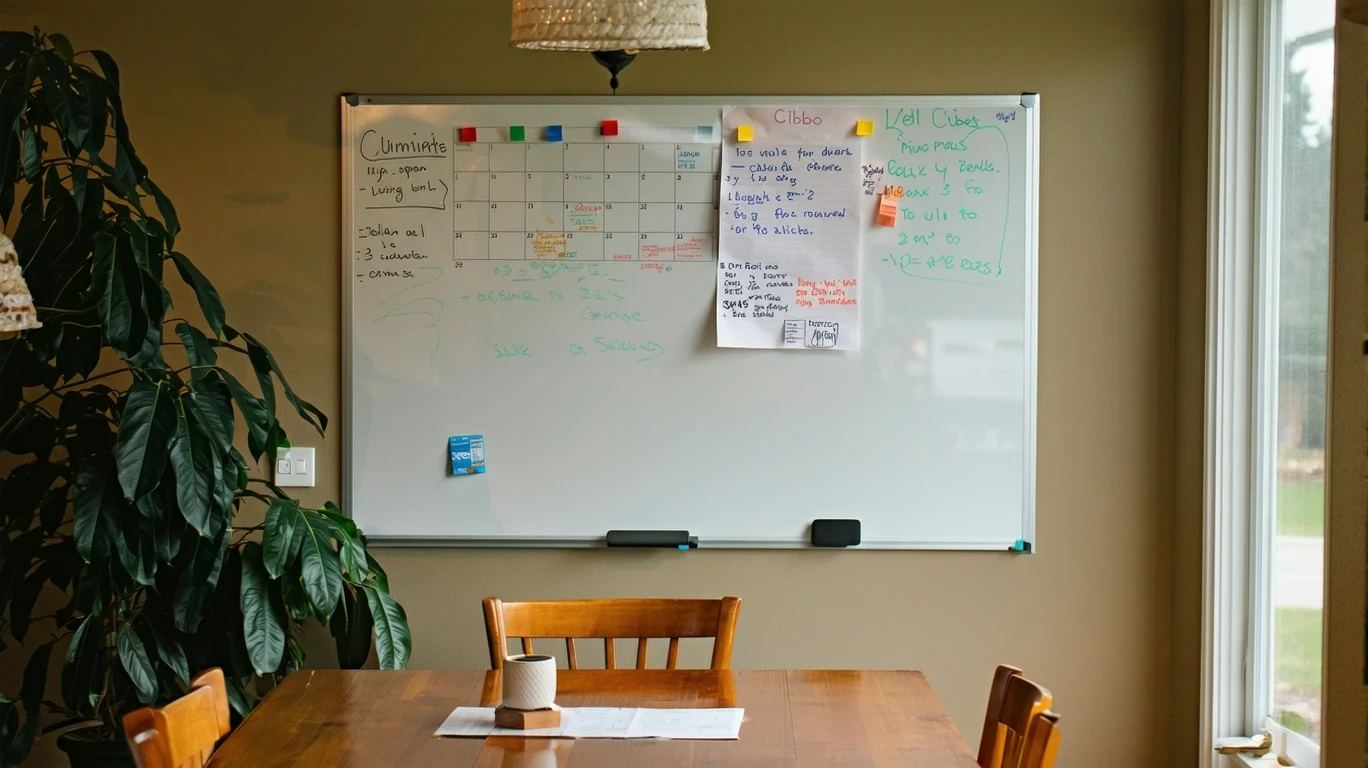 A whiteboard with a handwritten list of bills and reminders hanging on a dining room wall in a home.