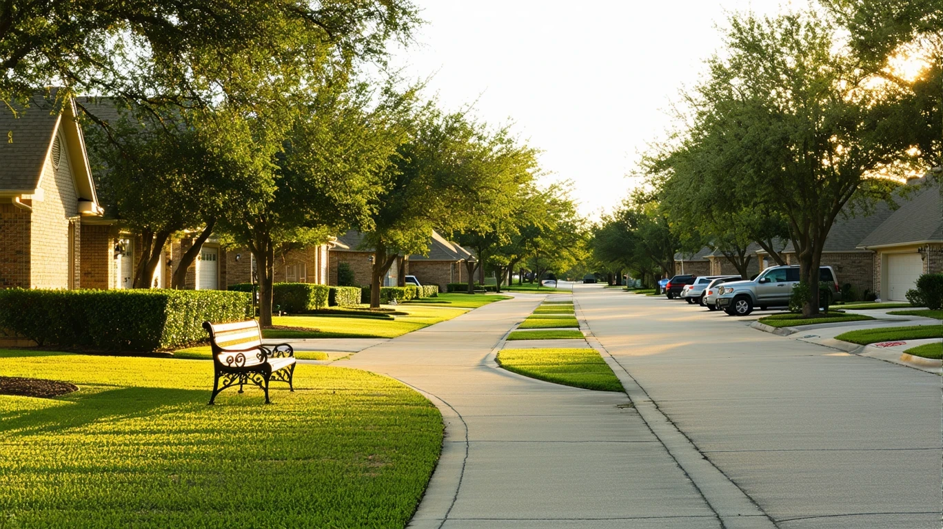 A view of a tidy neighborhood park with a path and bench, seen from across a residential street lined with pleasant single-family homes in Cibolo, Texas.