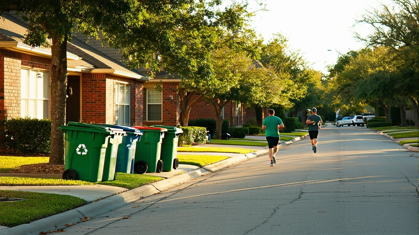 A jogger runs past recycling bins on a suburban street lined with red-brick homes.