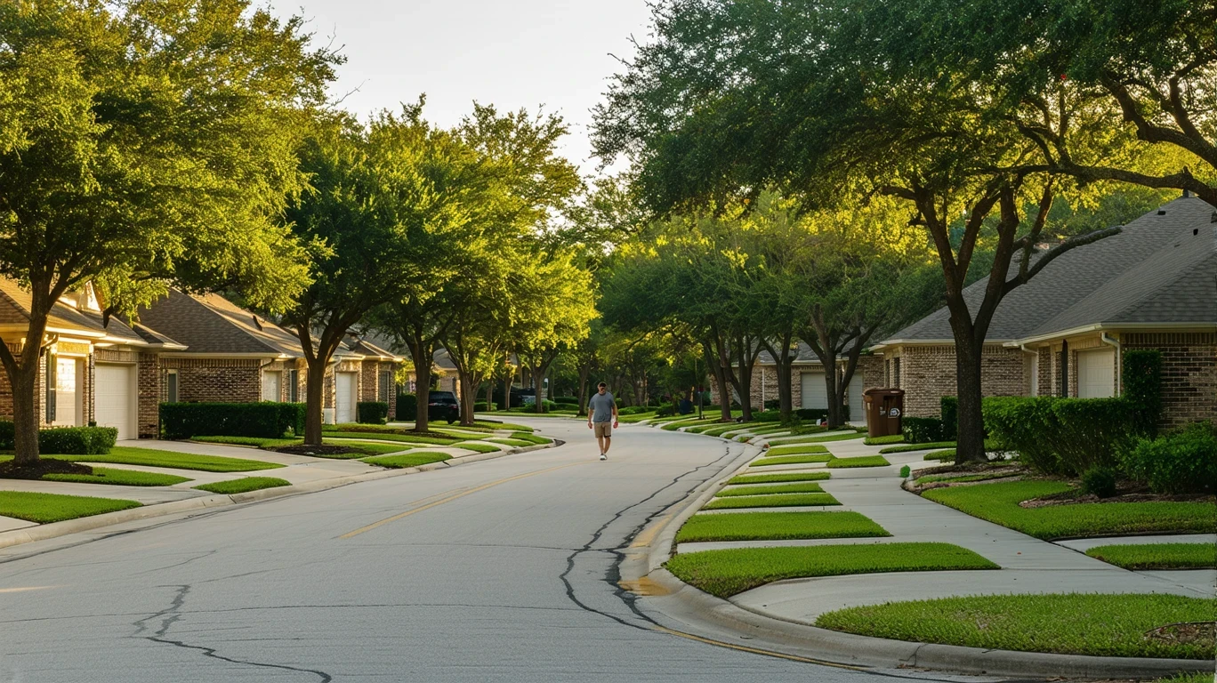 A tree-lined suburban street curves through a neighborhood with well-kept homes and lawns in Cibolo, Texas.