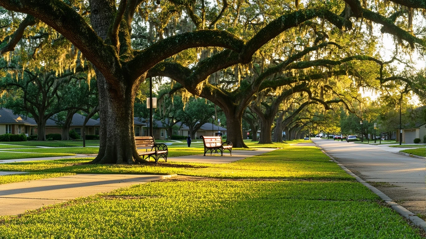 Quiet park lawn with benches under oak trees in Cibolo, Texas at sunset.
