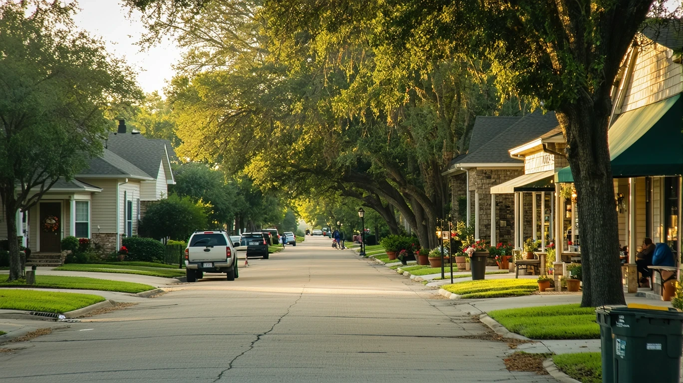 A quiet suburban street in Cibolo, Texas with local shops and homes in the early evening light.