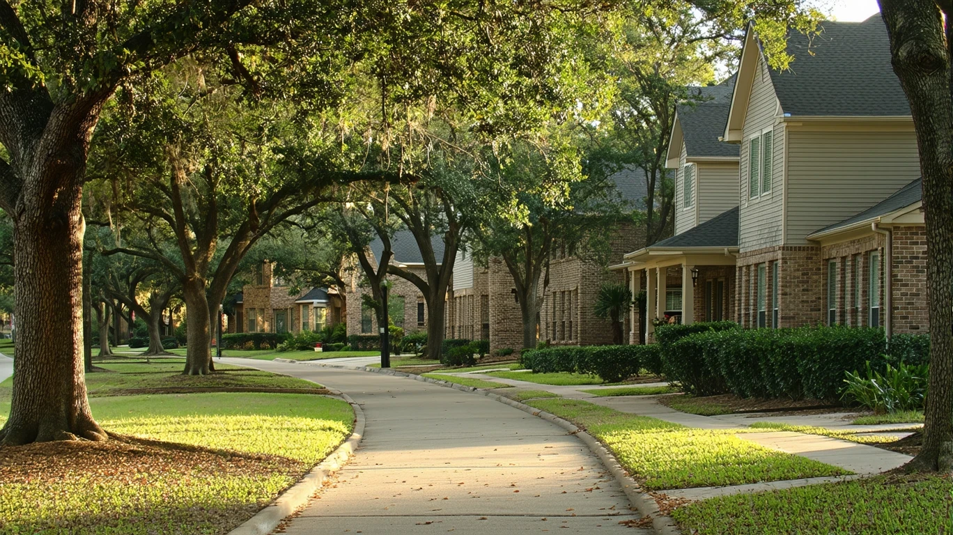 A tree-lined suburban street in central Texas with a sidewalk curving past well-maintained single-family homes.