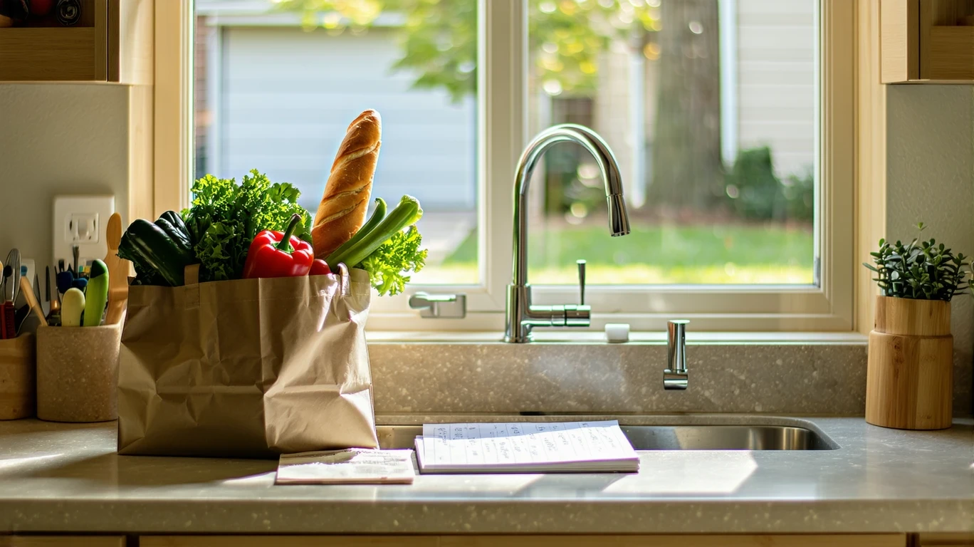 A grocery bag, shopping list, and receipts on a kitchen counter.