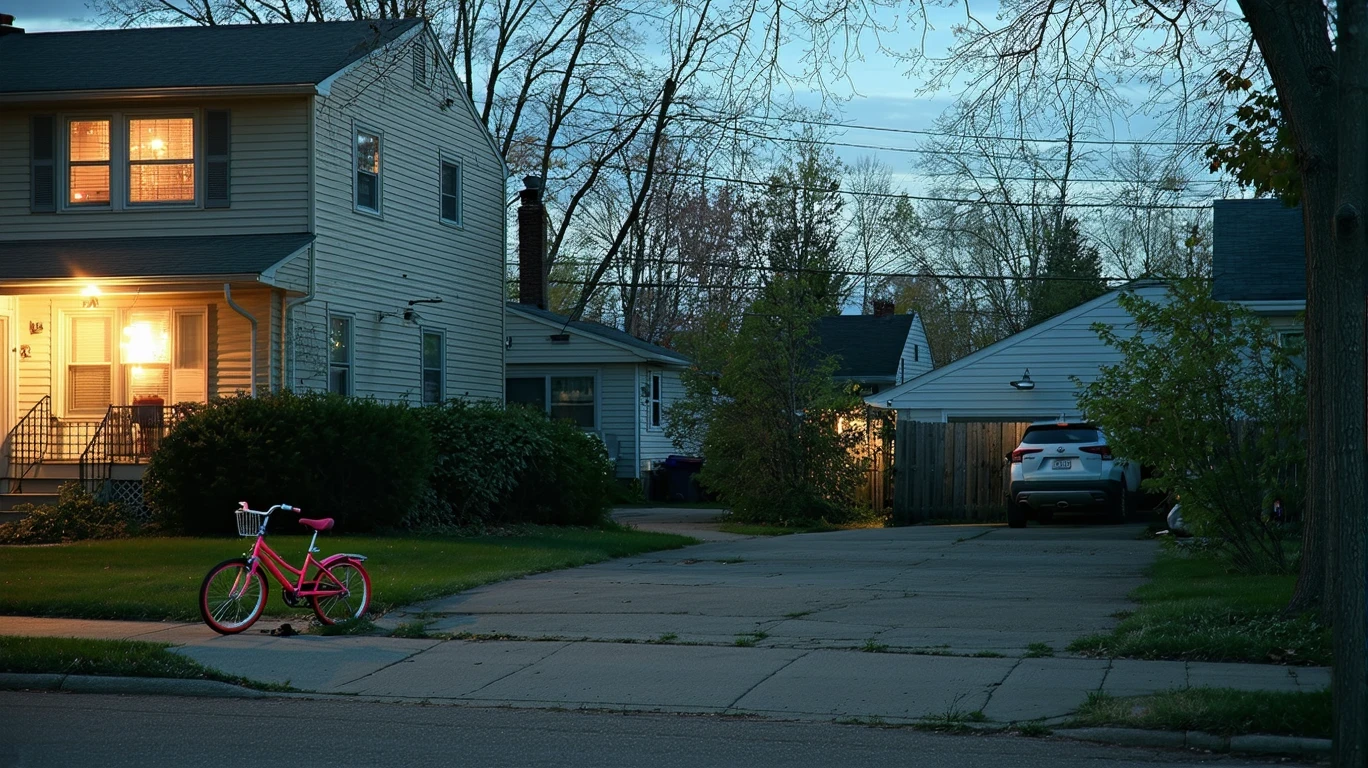 A suburban cul-de-sac at dusk with porch lights on and a child's bicycle by the curb.