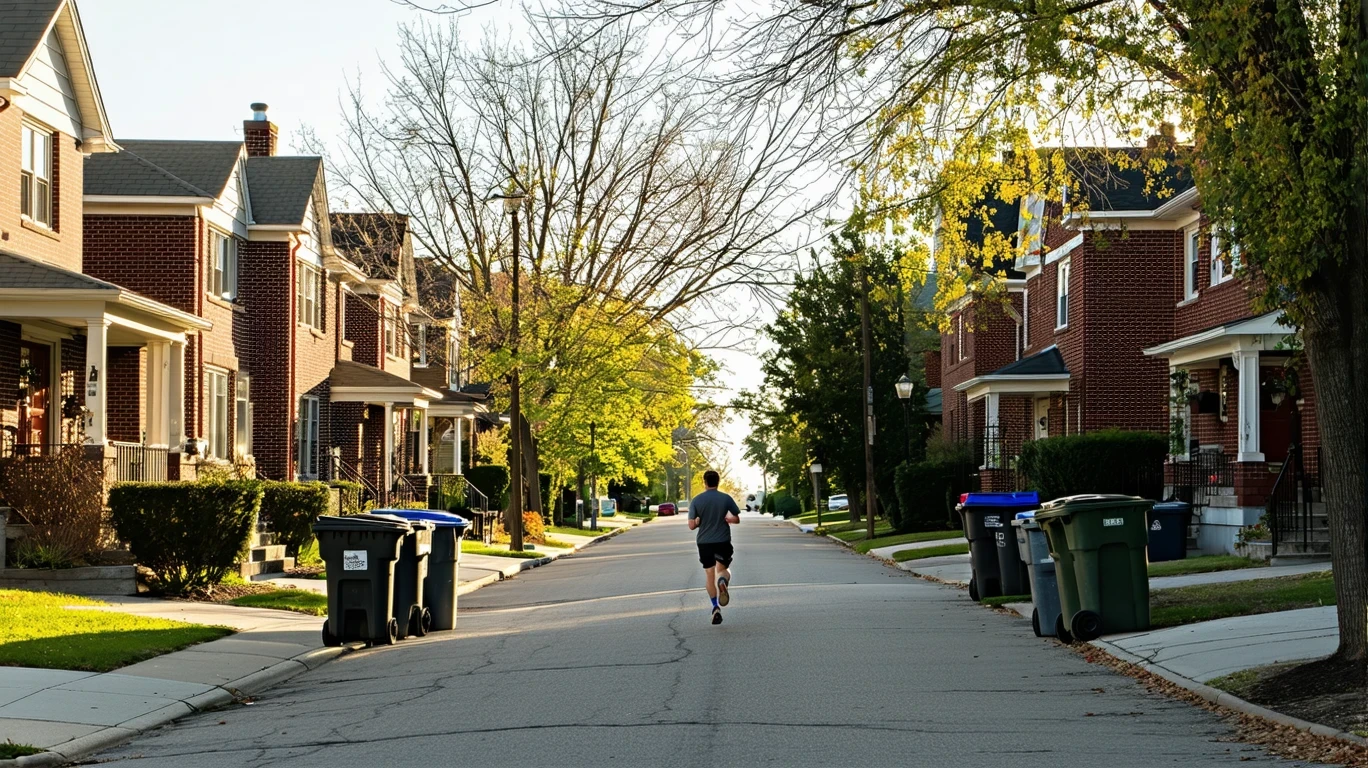 A quiet suburban street in Cincinnati lined with red-brick houses and tidy lawns on a sunny morning, with a jogger in the distance.