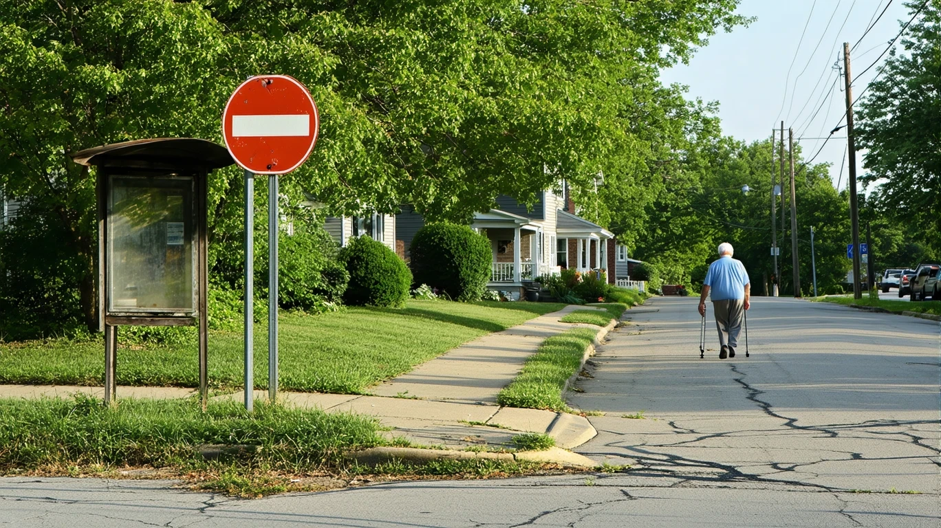 A bus stop sign on a sidewalk in a modest Cincinnati neighborhood with homes and trees.