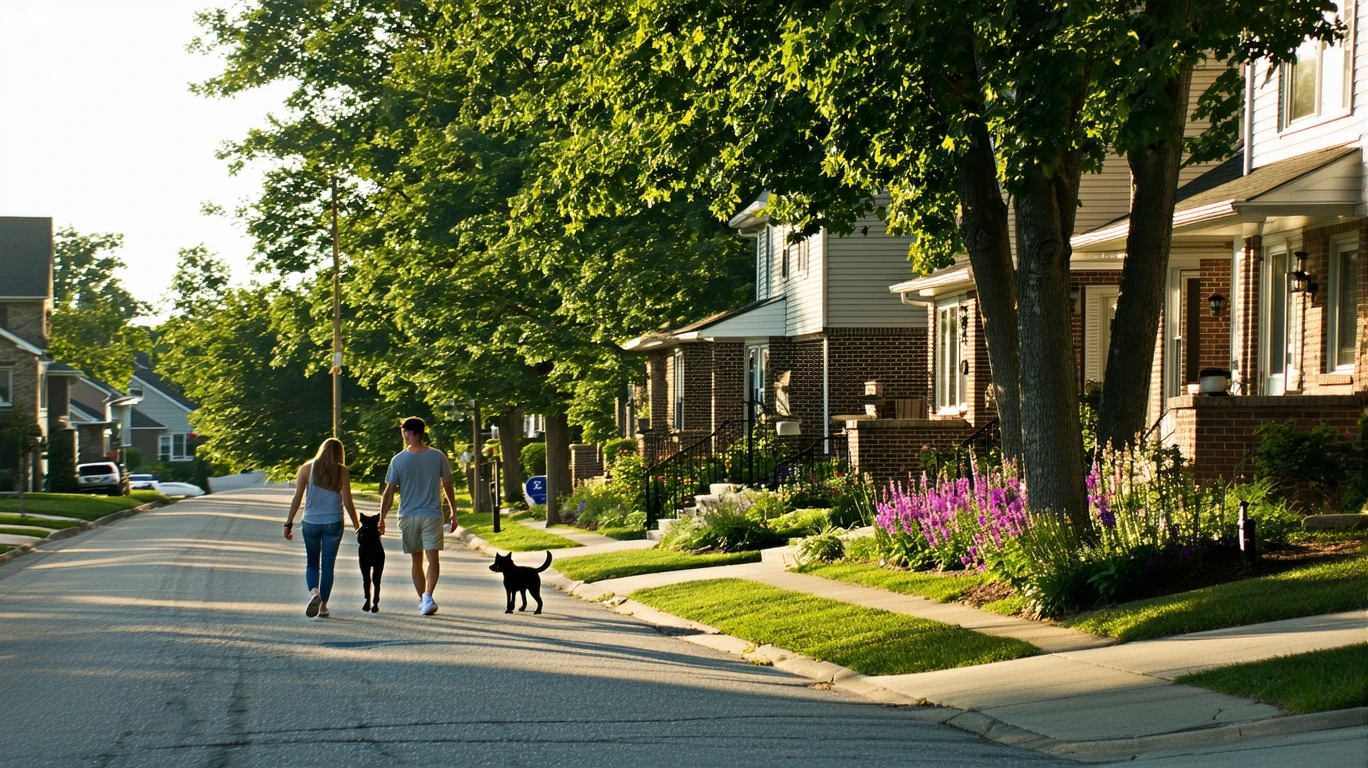 A pleasant suburban street in Cincinnati on a sunny morning, with well-kept homes, a low brick wall, native plants, and a couple walking their dog.
