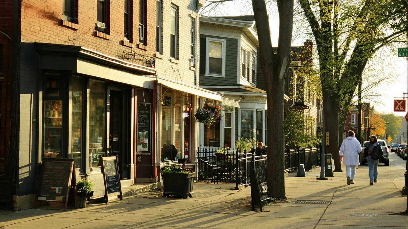A quiet street in Cincinnati lined with local shops and historic homes at dusk.