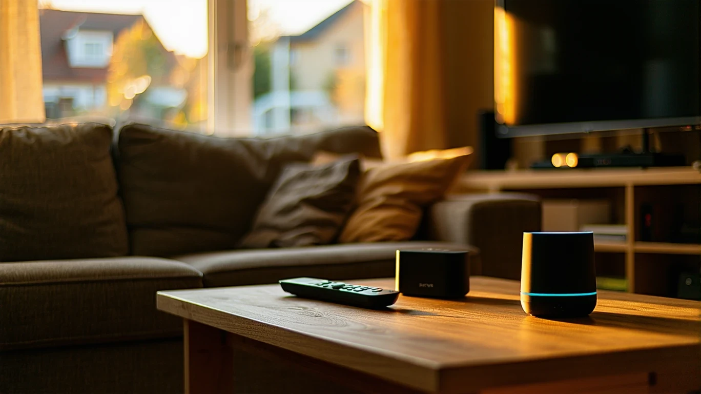 A couch-side table with streaming remotes and a smart speaker, lit by a warm lamp in a cozy living room.