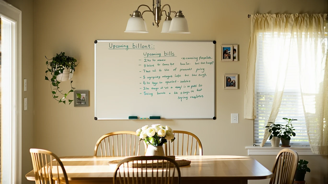 A handwritten monthly budget on a whiteboard in a simply furnished Cincinnati dining room.