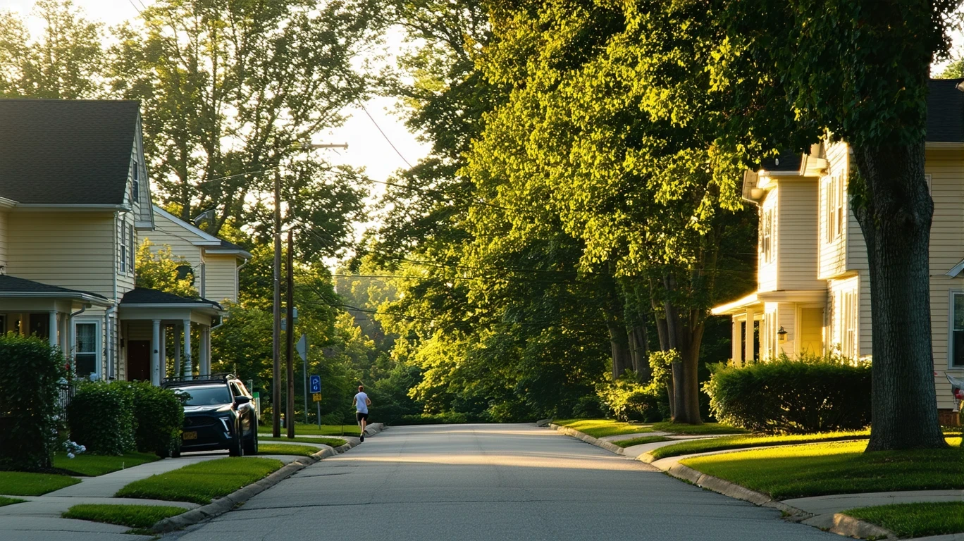 A tree-lined residential street in Cincinnati with one-story homes and a jogger on the sidewalk at sunrise.