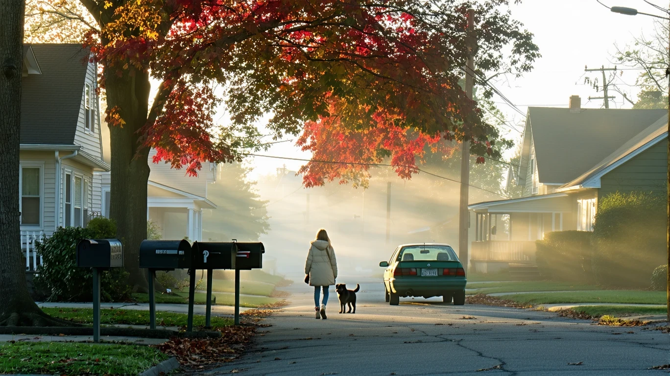 A foggy morning street in a Cincinnati suburb with homes, a maple tree, a parked car, and a woman walking her dog.