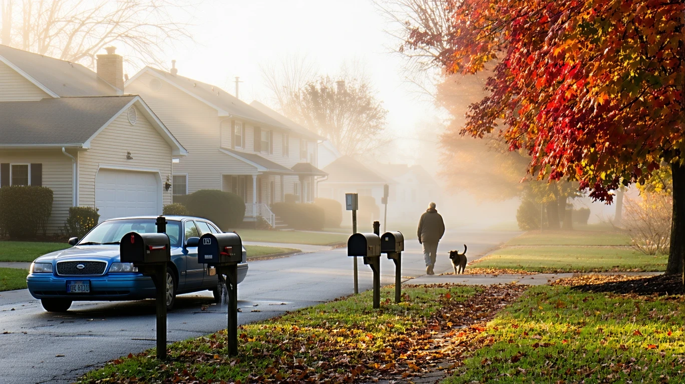 Foggy autumn morning on a residential street in Cincinnati, with homes and a parked car visible.