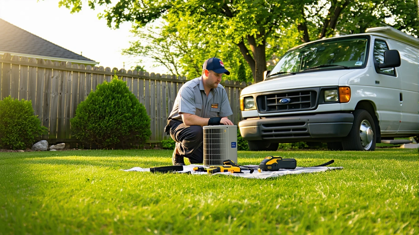 HVAC technician servicing outdoor AC unit in backyard of suburban Cincinnati home