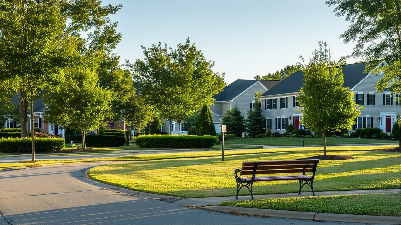 A suburban neighborhood park in Clayton, NC with a path, bench, and homes visible.