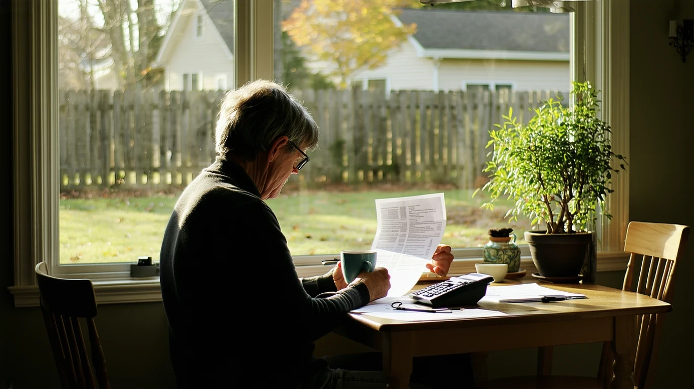 Person reviewing bills and budgeting at kitchen table in Clayton, North Carolina home.