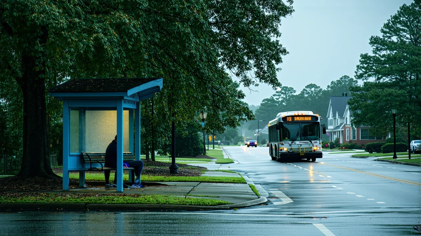 A bus shelter on a suburban street in Clayton, North Carolina with a passenger waiting and a bus idling nearby.