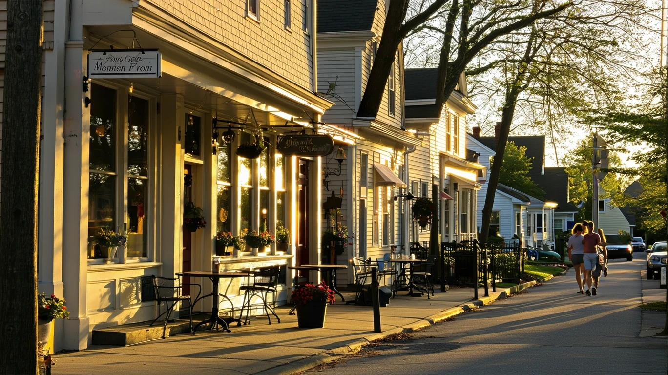 A quiet street in Clayton, North Carolina at dusk, with small local shops and neighborhood homes visible.