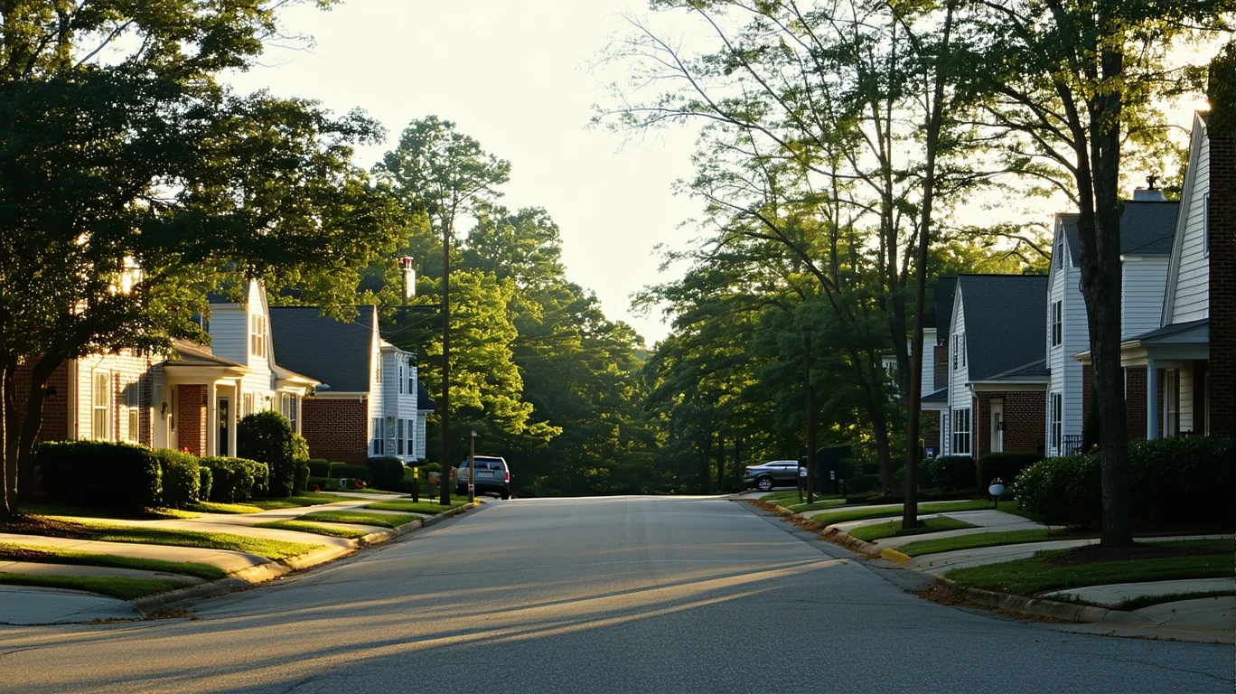 A residential street in Raleigh, North Carolina in the early morning light, with one-story homes and tree-lined sidewalks.