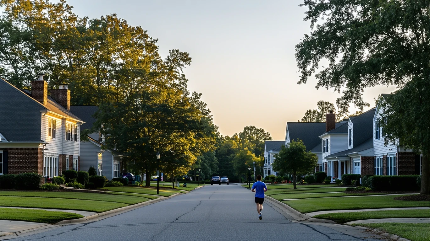 A peaceful residential street in Clayton, NC at sunrise, with modest homes, leafy trees, and a jogger on the sidewalk.