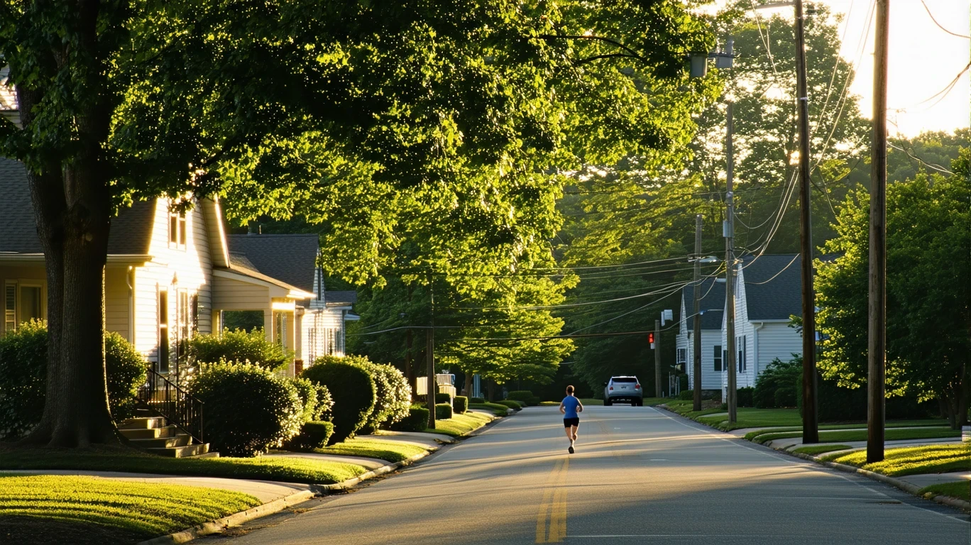 A tree-lined suburban street in Clayton, North Carolina with single-story homes and a jogger on the sidewalk.