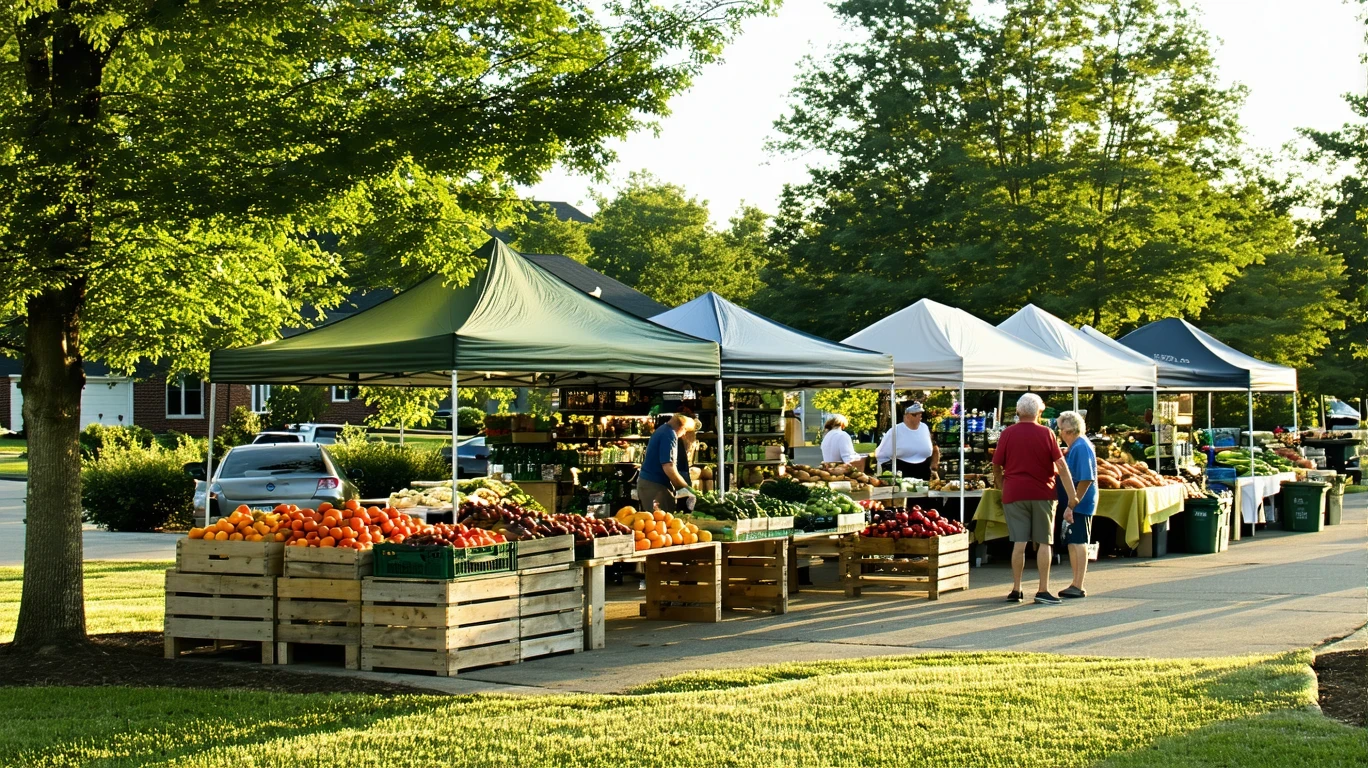 A small farmer's market in a park on a sunny morning, with a few locals browsing produce at vendor stalls.
