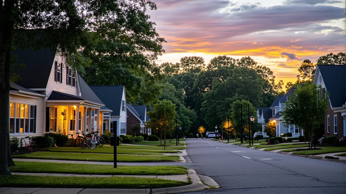 A peaceful suburban cul-de-sac in Clayton, North Carolina at dusk with porch lights illuminating well-maintained homes and a child's bicycle near the curb.