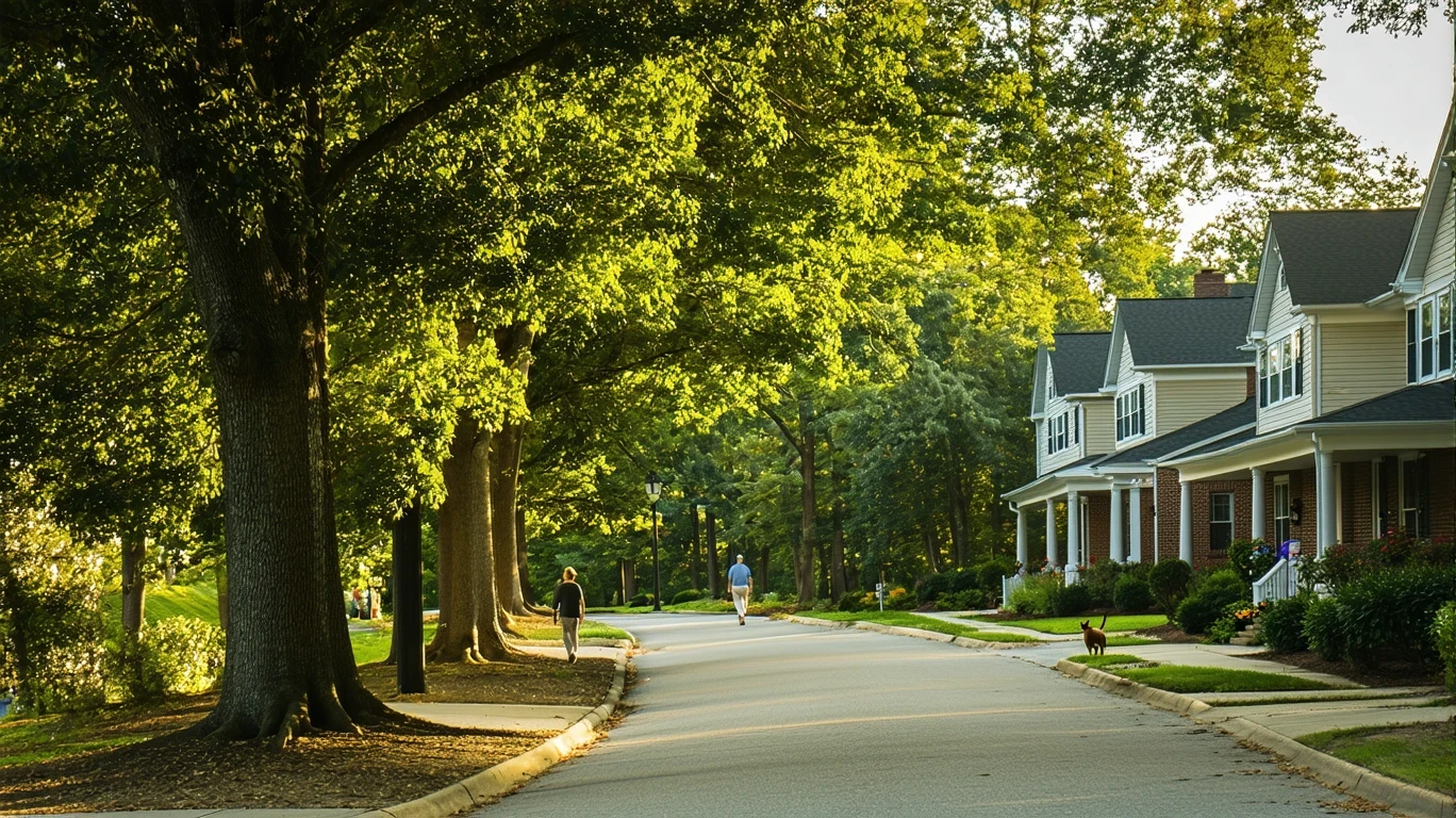 Tree-lined sidewalk curving through a suburban neighborhood with brick homes visible.