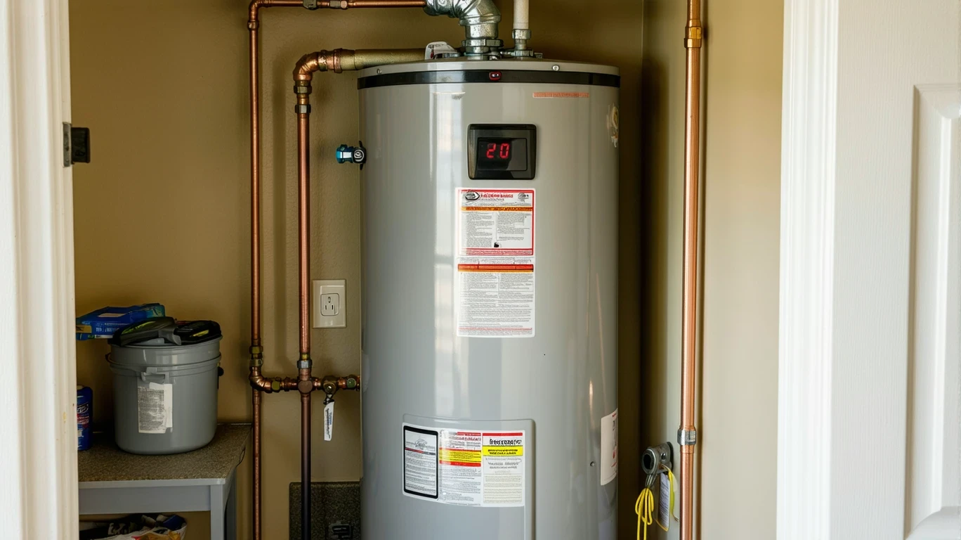 A small water heater closet with pipes, stickers on the tank, a wrench, and scuffed floor tiles.