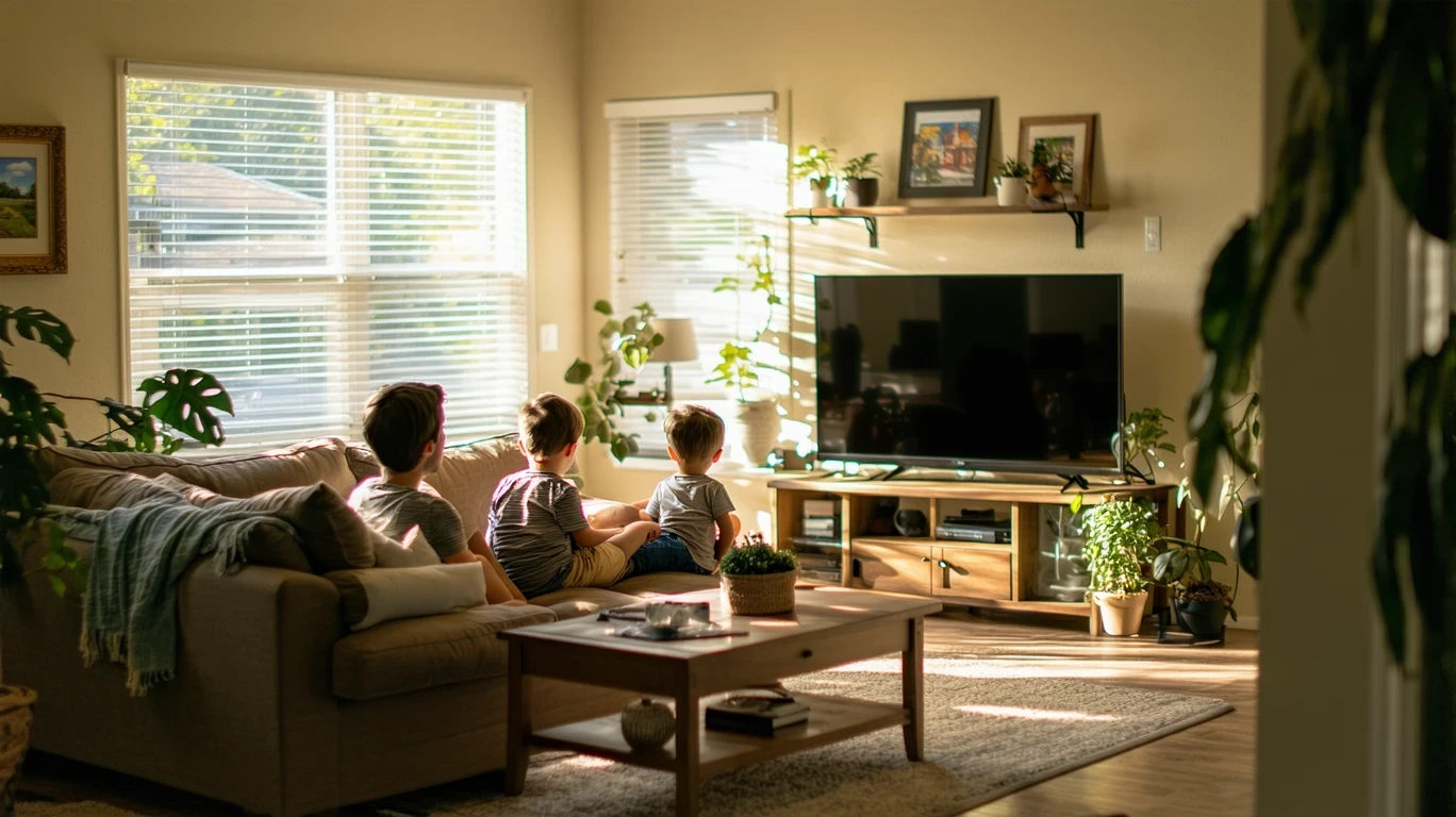 A family watching TV together in the living room of their Colton home.