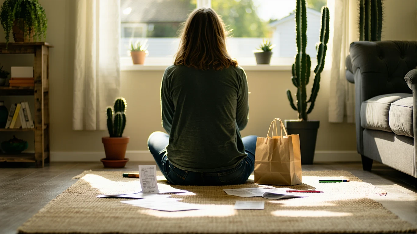 Person sitting on floor looking at receipts and budgeting in morning light