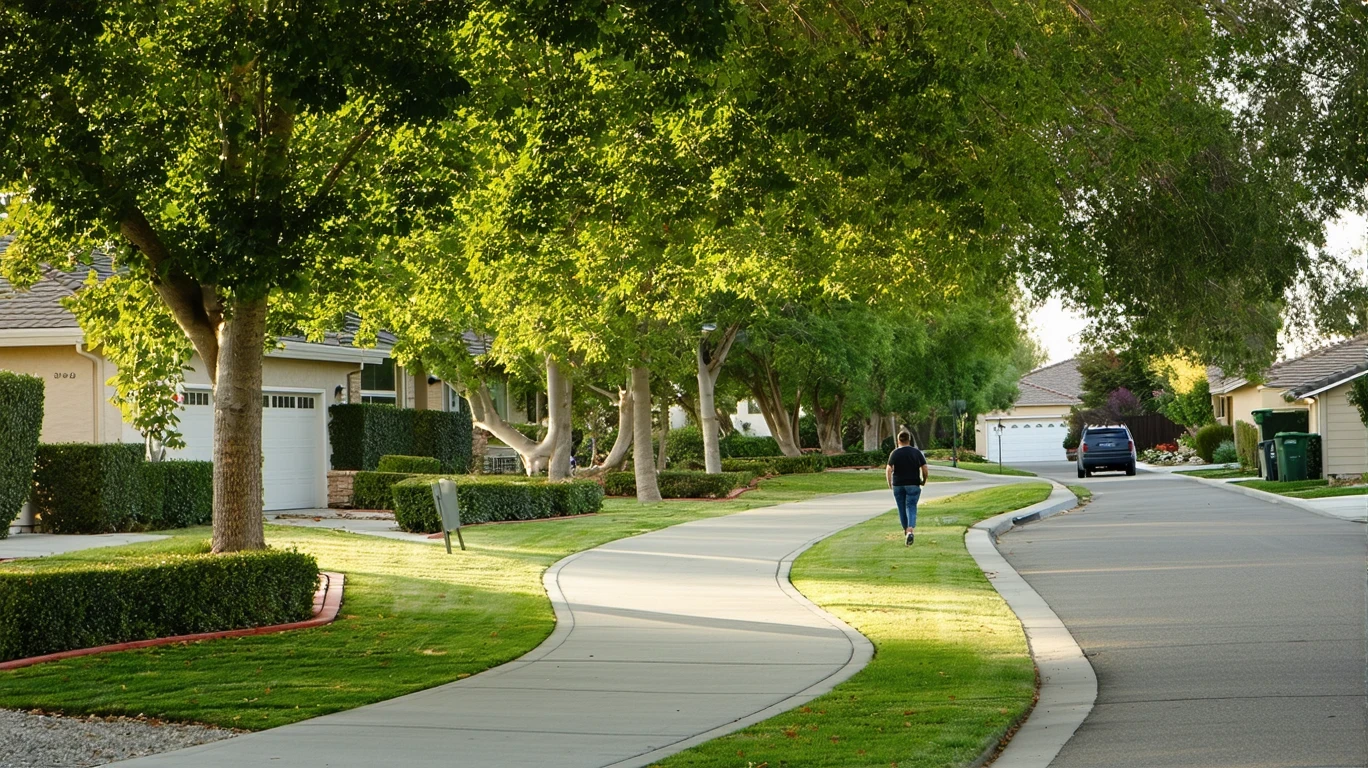 Tree-lined sidewalk curving past homes in Colton, California.